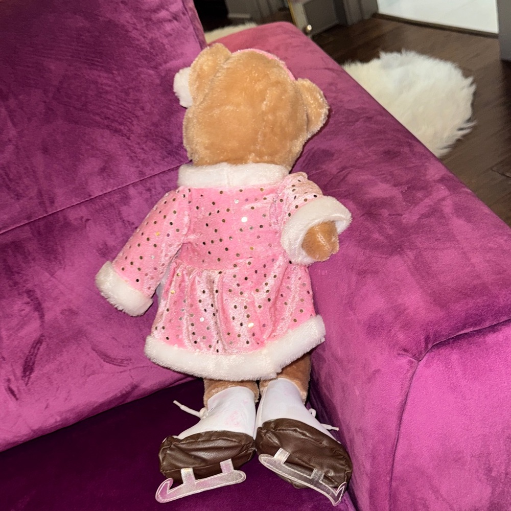 Kids Brown Teddy Bear Pink Dress Silver Polka Dots White Fur Trim in Ice Skates - Picture 7 of 10